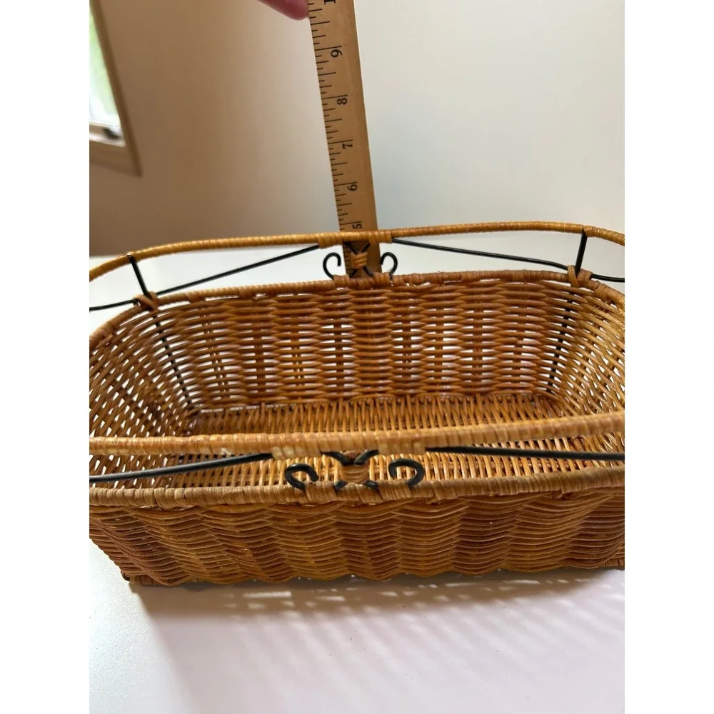 Woven Wicker Basket Black Metal Frame Scrollwork Rectangular Storage Bin Brown